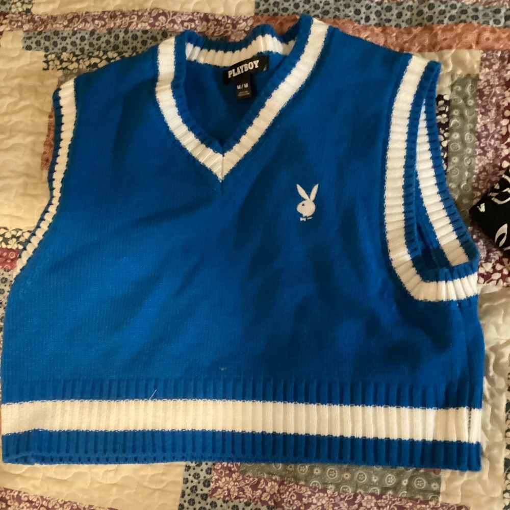 Playboy Blue & White Sweater Vest Cute Cropped Medium